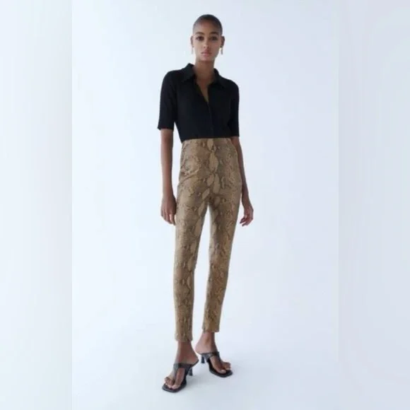 Zara Pants Jumpsuits Zara Brown Snakeskin Faux Leather High